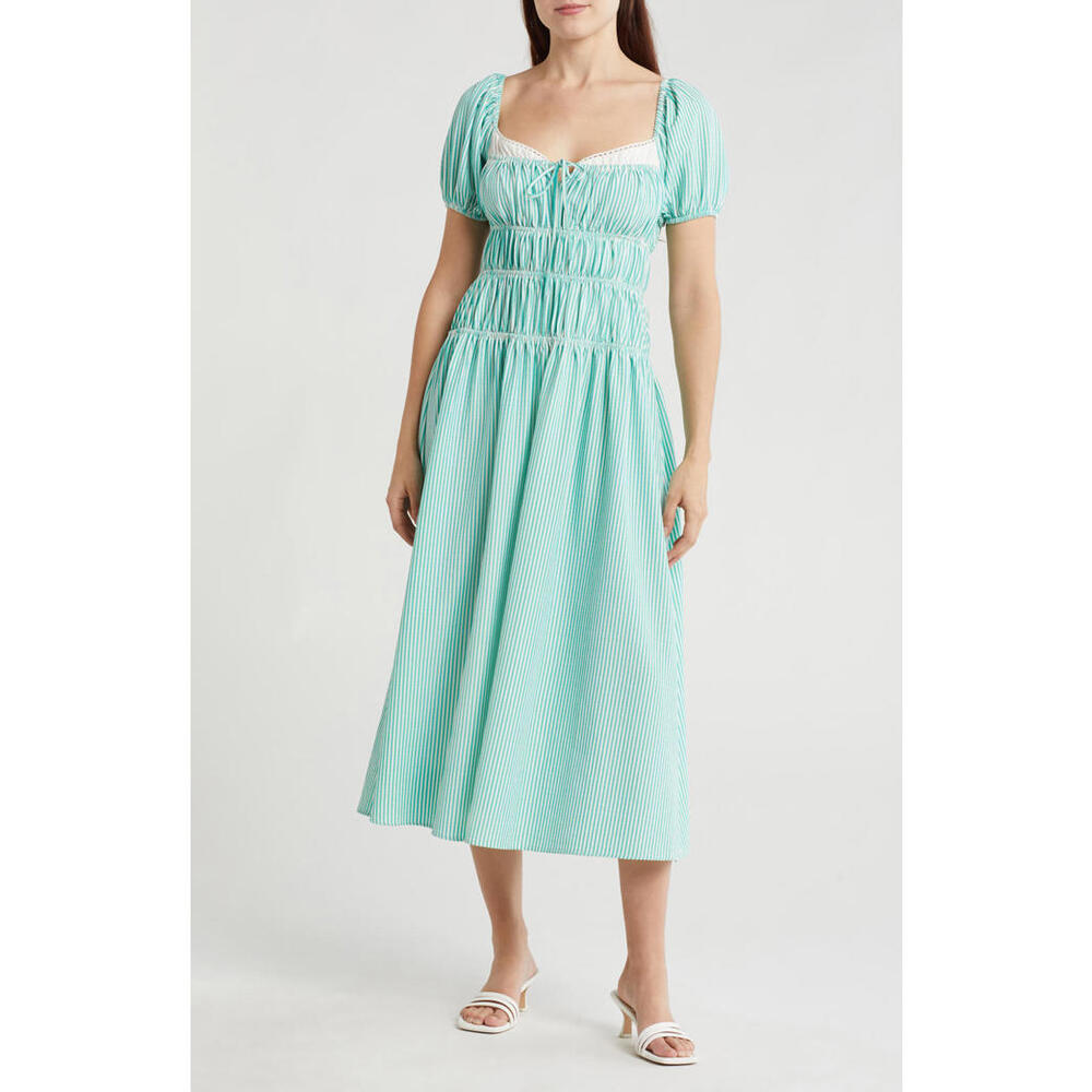 NWT! Lush Shirred Puff Sleeve Maxi Dress in Green Stripe Size XS